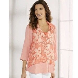 Soft Surroundings Size L Pink Blouse Ava Tunic Top Silk Cowl Gauze Floral Peach